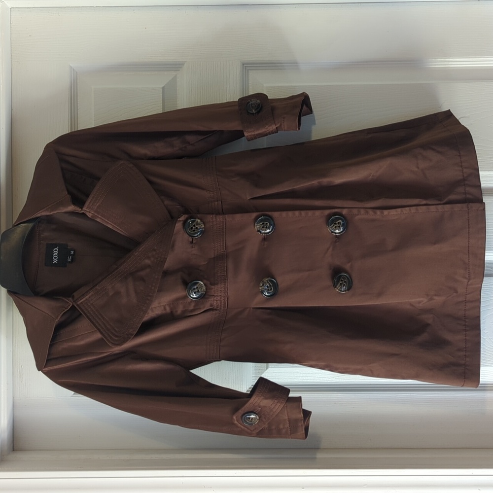 XOXO Womens sz med Brown Double Breasted Trench Coat Jacket 3/4 Sleeve 638